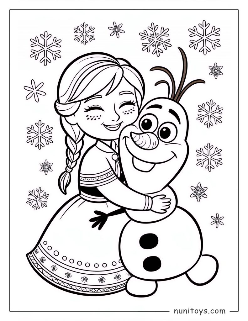 Página para colorear de Anna abrazando a Olaf mientras sonríe