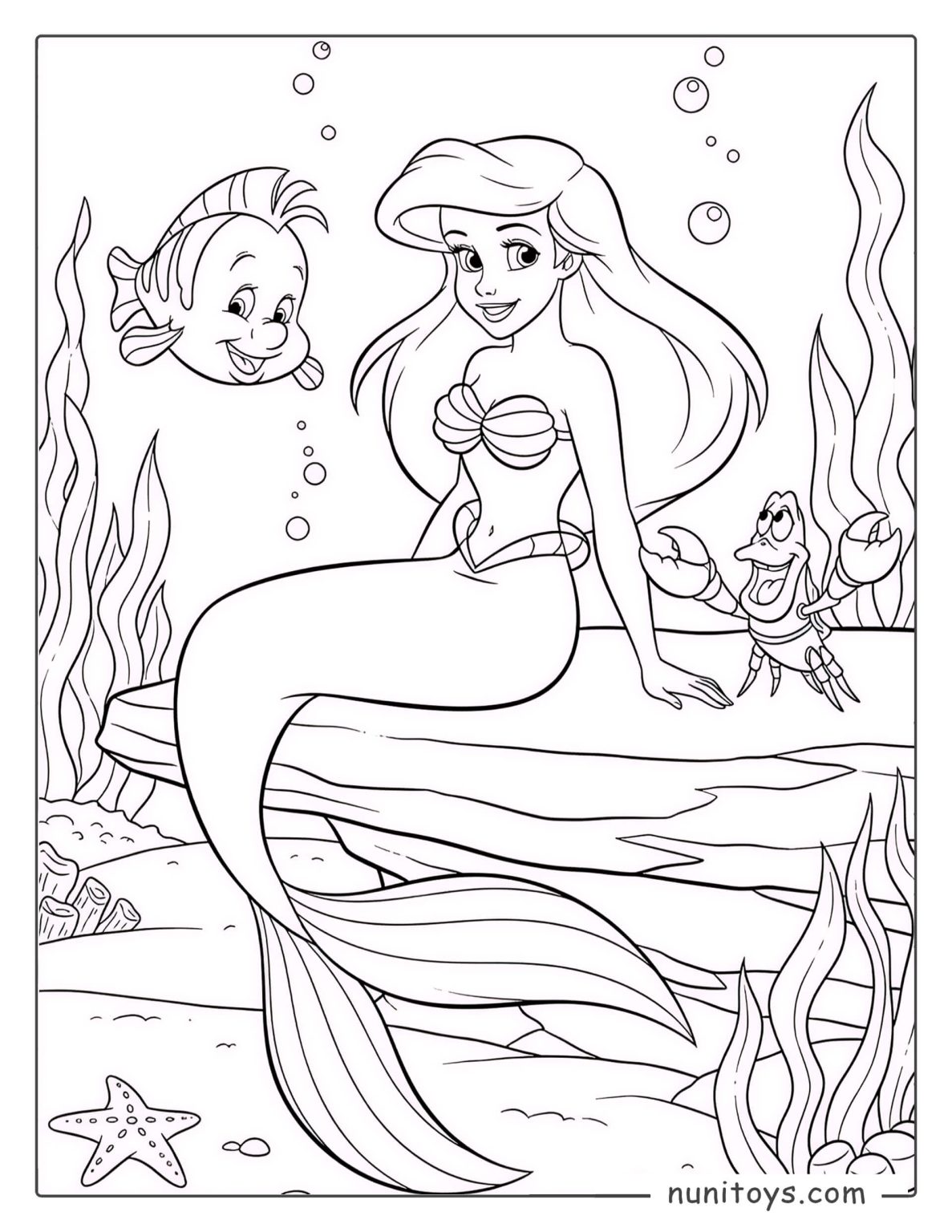 Página para colorear de Ariel la Sirenita sentada sobre una roca con ...