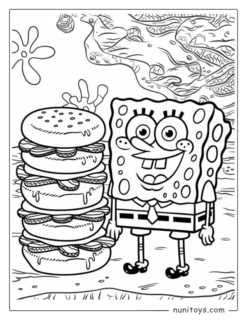 Página para colorear de Bob Esponja junto a una pila de hamburguesas