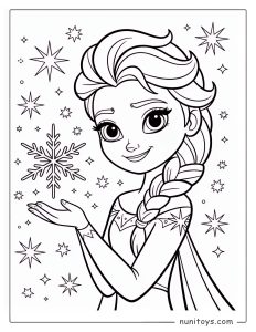 Página para colorear de Elsa creando un copo de nieve mágico