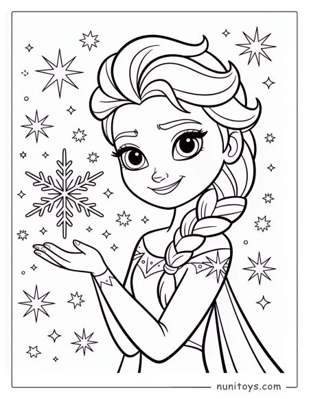 Página para colorear de Elsa creando un copo de nieve mágico