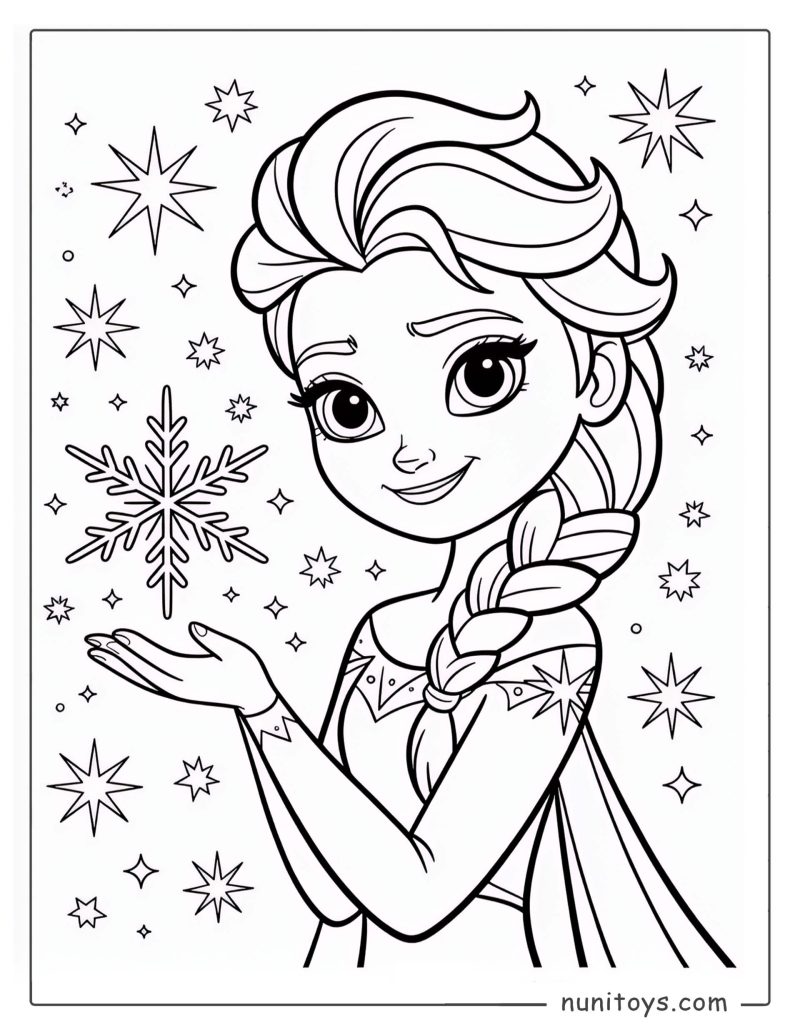 Página para colorear de Elsa creando un copo de nieve mágico