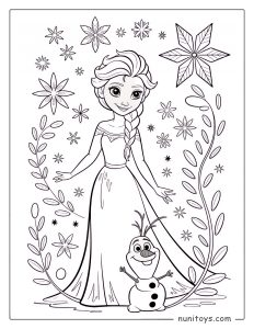 Página para colorear de Elsa de pie con gracia y Olaf sonriendo
