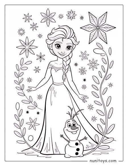 Página para colorear de Elsa de pie con gracia y Olaf sonriendo