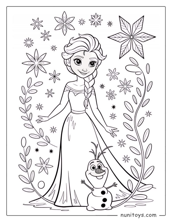 Página para colorear de Elsa de pie con gracia y Olaf sonriendo