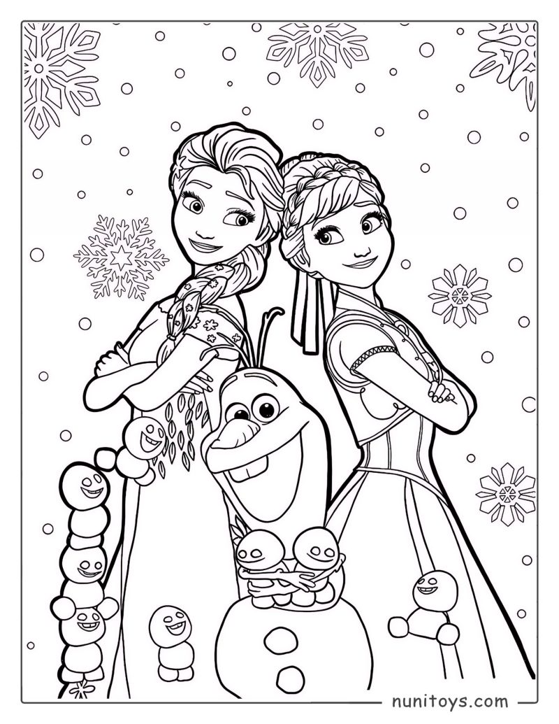 Página para colorear de Elsa y Anna de pie con Olaf