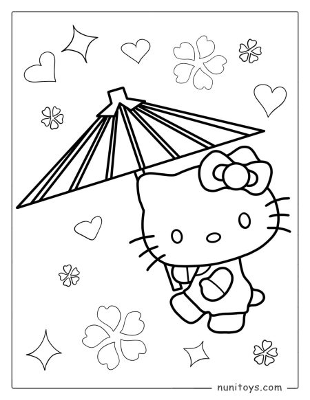 Página para colorear de Hello Kitty con sombrilla