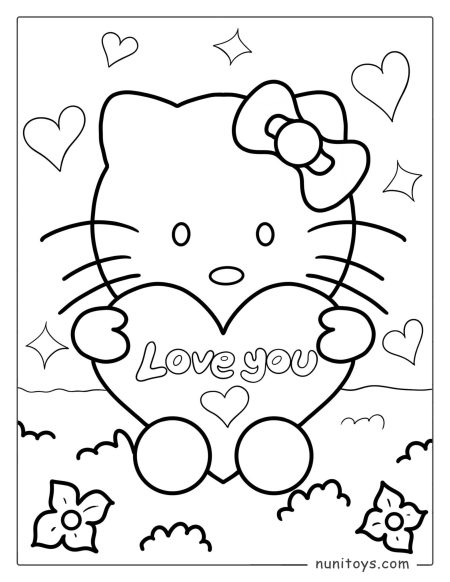 Página para colorear de Hello Kitty diciendo “Te quiero”