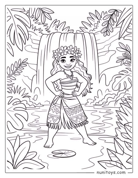 Página para colorear de Moana parada orgullosa frente a una cascada tropical