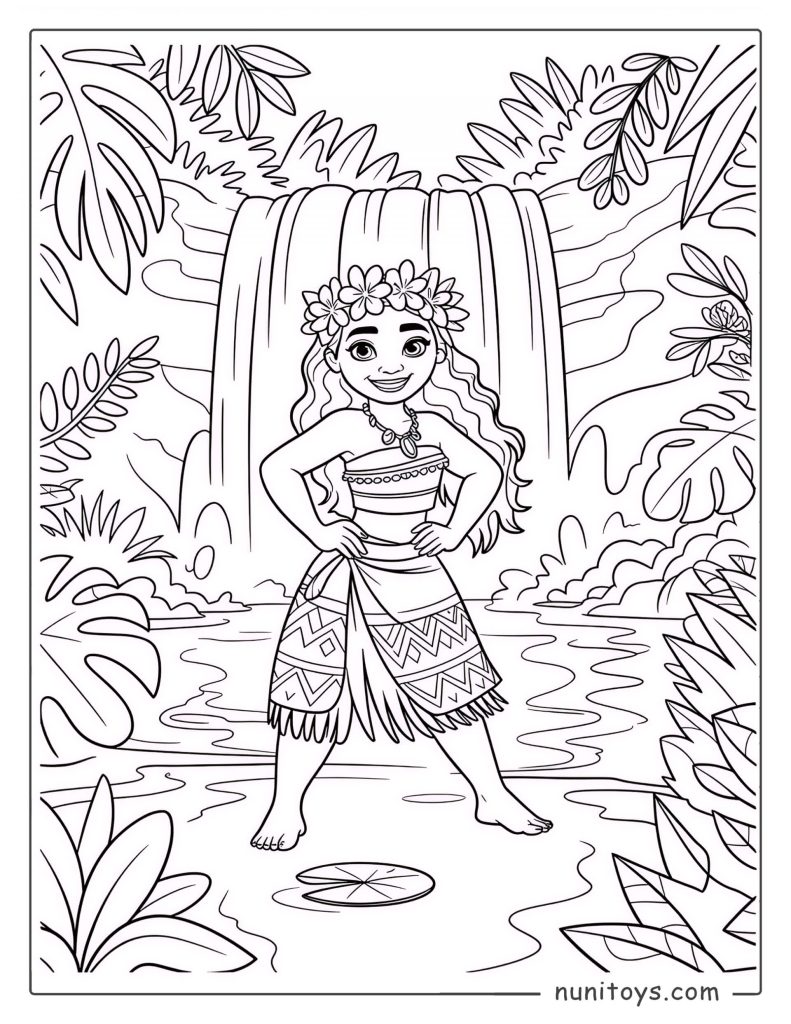 Página para colorear de Moana parada orgullosa frente a una cascada tropical