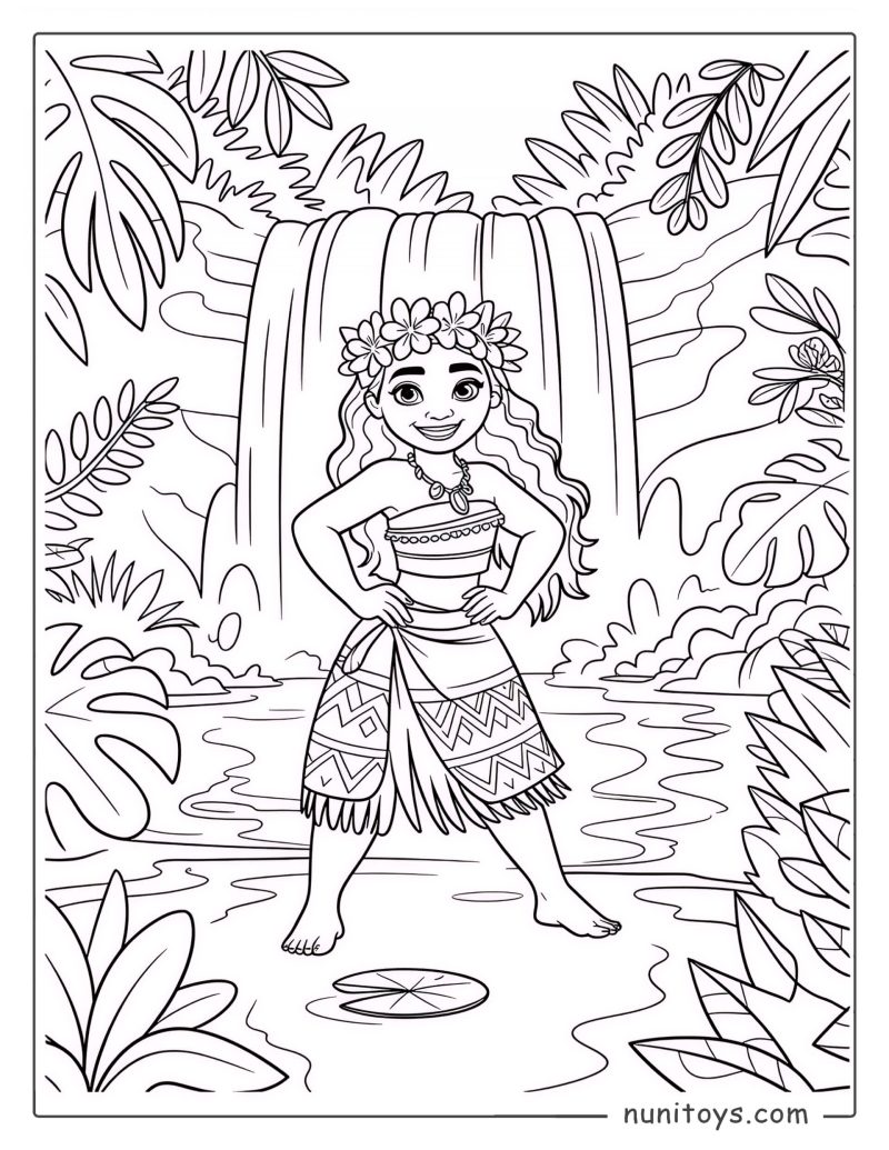 Página para colorear de Moana parada orgullosa frente a una cascada tropical