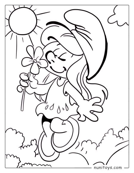 Página para colorear de Pitufina sosteniendo una flor en un día soleado