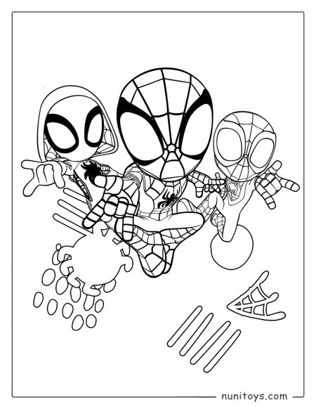Página para colorear de Spiderman, Spidey Miles y Ghost Spider