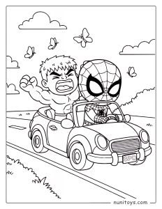 Página para colorear de Spiderman y Hulk conduciendo un coche