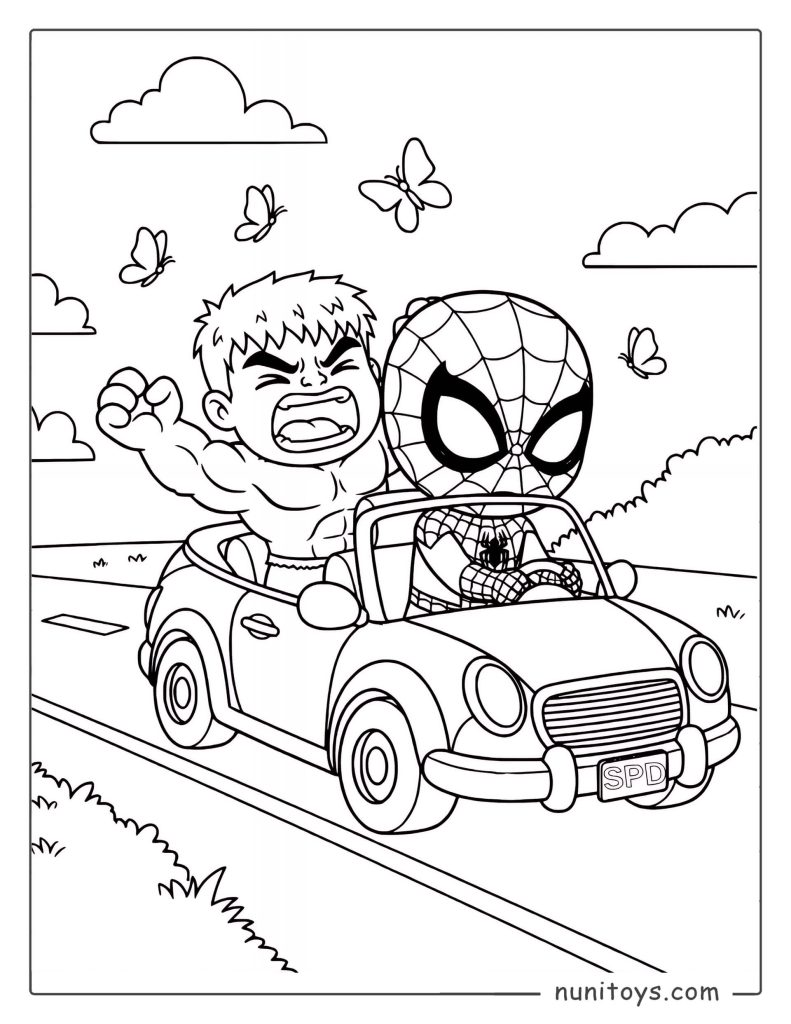 Página para colorear de Spiderman y Hulk conduciendo un coche