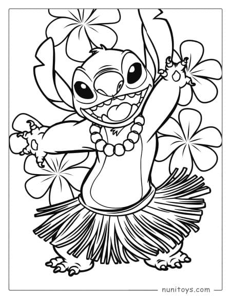 Página para colorear de Stitch bailando hula