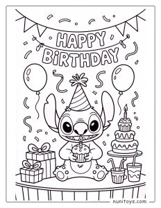 Página para colorear de Stitch de cumpleaños con cupcake, gorro de fiesta y globos