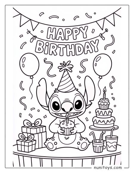 Página para colorear de Stitch de cumpleaños con cupcake, gorro de fiesta y globos