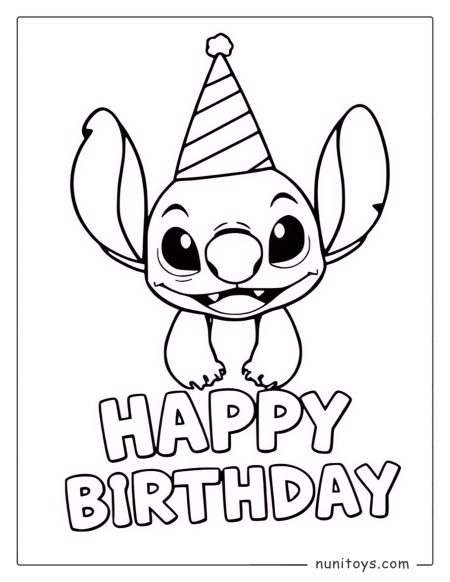 Página para colorear de Stitch de cumpleaños feliz con gorro de fiesta