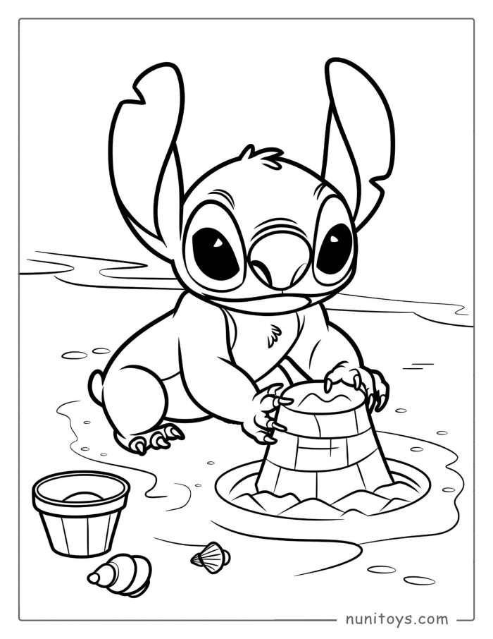 Página para colorear de Stitch haciendo un castillo de arena