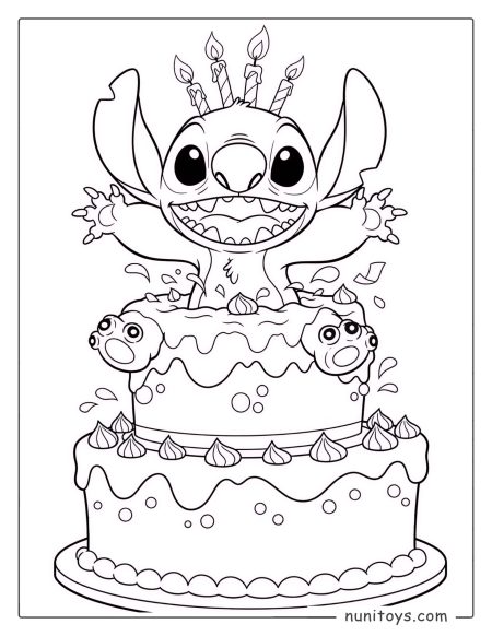 Página para colorear de Stitch saliendo de un pastel de cumpleaños