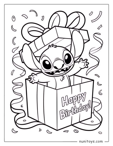 Página para colorear de Stitch saltando de una caja de regalo de cumpleaños