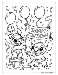 Página para colorear de Stitch y Ángel sosteniendo globos de cumpleaños