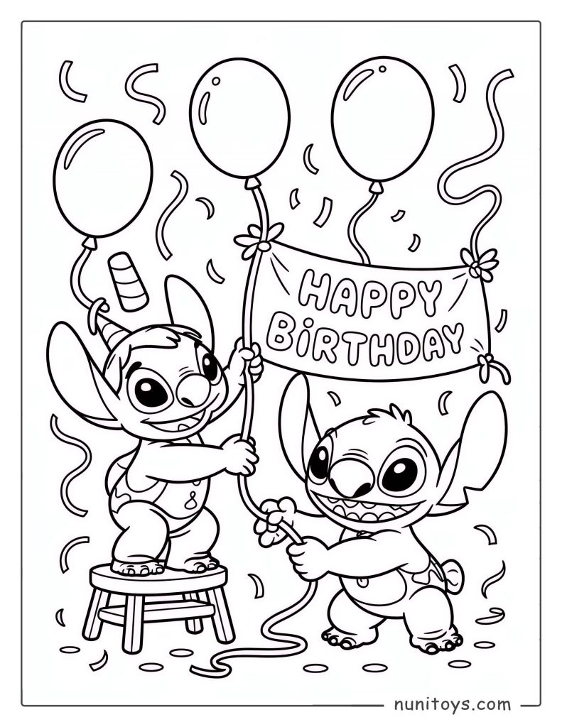 Página para colorear de Stitch y Ángel sosteniendo globos de cumpleaños