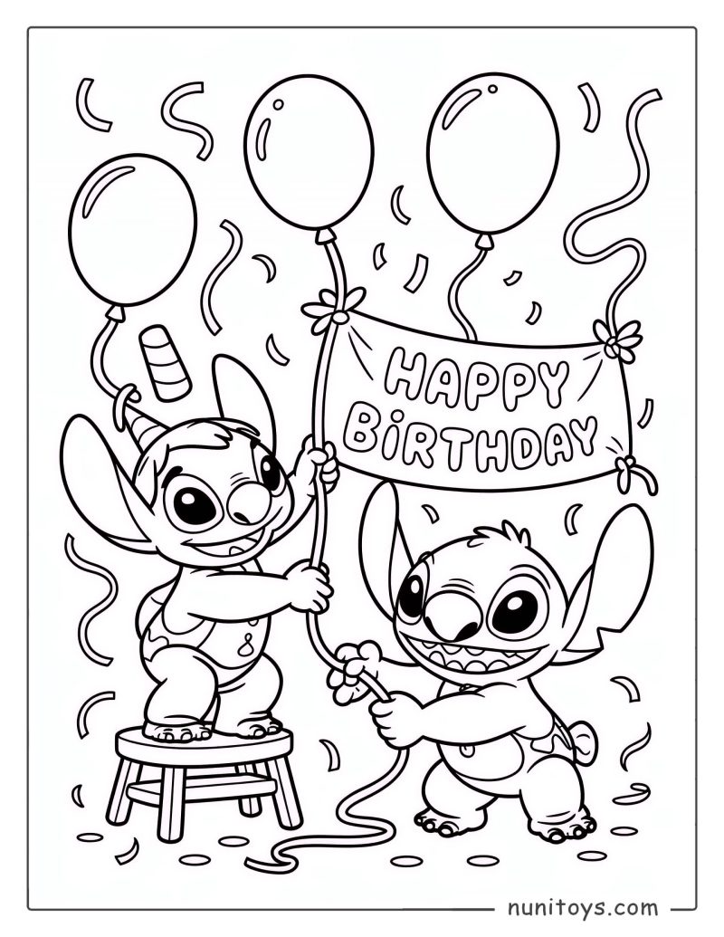 Página para colorear de Stitch y Ángel sosteniendo globos de cumpleaños