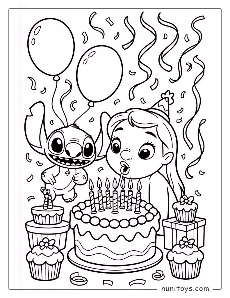 Página para colorear de cumpleaños de Stitch y Lilo con pastel y velas
