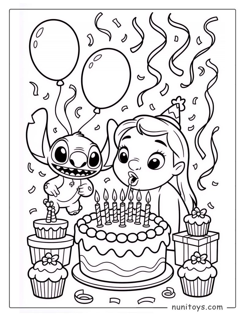 Página para colorear de cumpleaños de Stitch y Lilo con pastel y velas