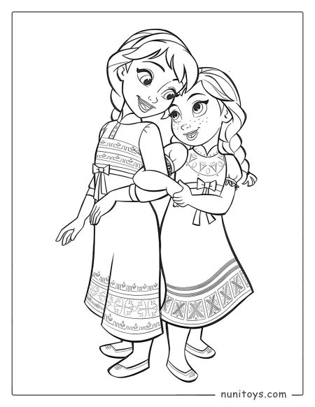 Página para colorear de la joven Anna abrazando a Elsa