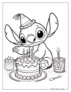 Página para colorear de pastel de cumpleaños de Stitch con velas