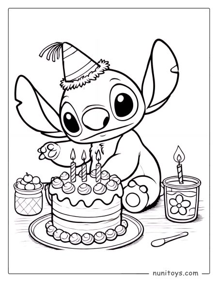 Página para colorear de pastel de cumpleaños de Stitch con velas