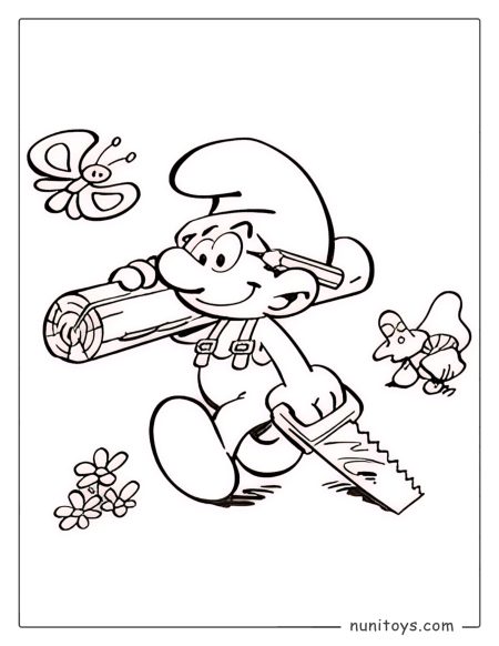Página para colorear de un Pitufo carpintero cargando madera