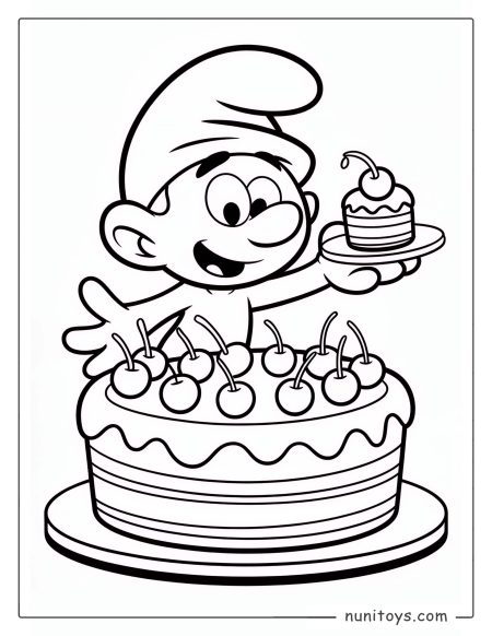 Página para colorear de un Pitufo celebrando con un pastel de cerezas