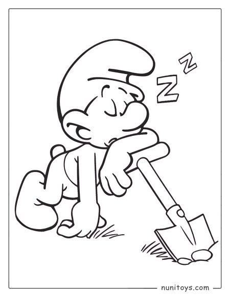 Página para colorear de un Pitufo dormido descansando sobre una pala