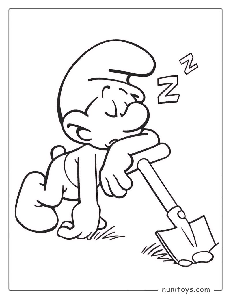 Página para colorear de un Pitufo dormido descansando sobre una pala