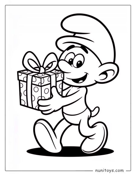 Página para colorear de un Pitufo llevando un regalo