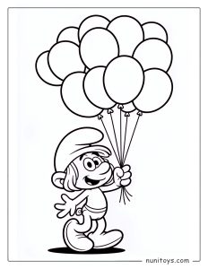 Página para colorear de un Pitufo sosteniendo globos
