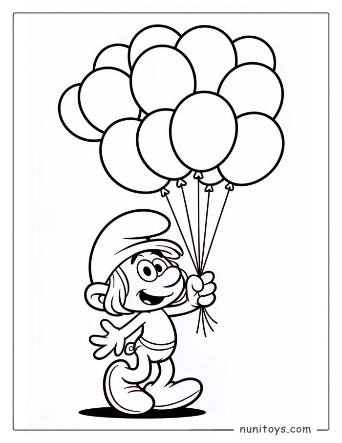 Página para colorear de un Pitufo sosteniendo globos