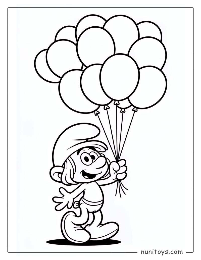 Página para colorear de un Pitufo sosteniendo globos