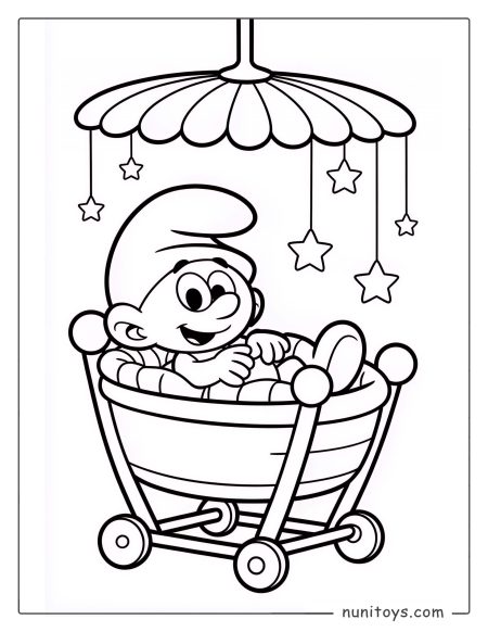 Página para colorear de un bebé Pitufo adorable descansando en una cuna