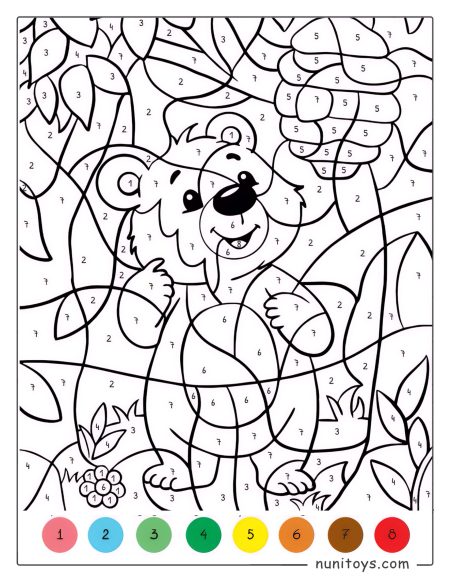 Página para colorear de un oso adorable en el bosque por números