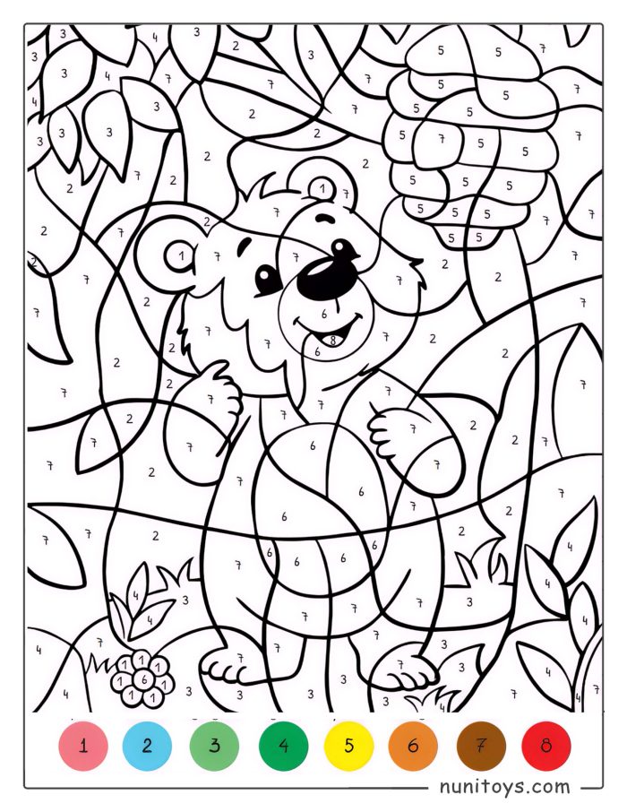 Página para colorear de un oso adorable en el bosque por números