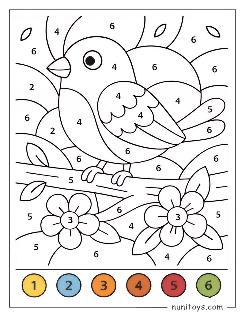 Página para colorear de un pajarito adorable en una rama por números