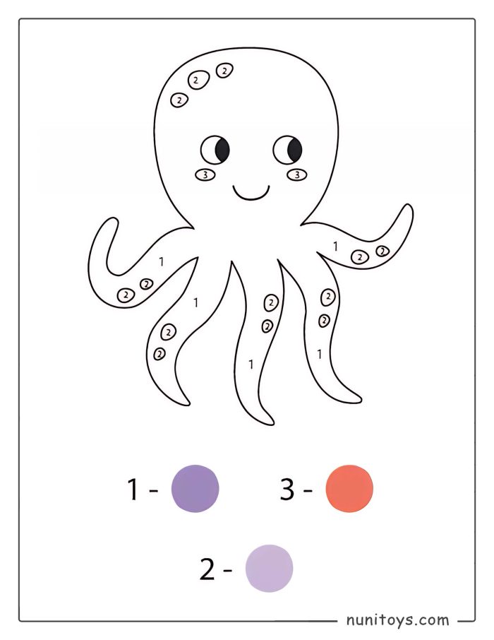 Página para colorear de un pulpo por números para preescolares