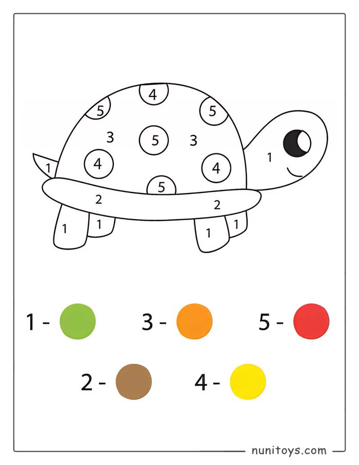Página para colorear de una tortuga sonriente por números para preescolares