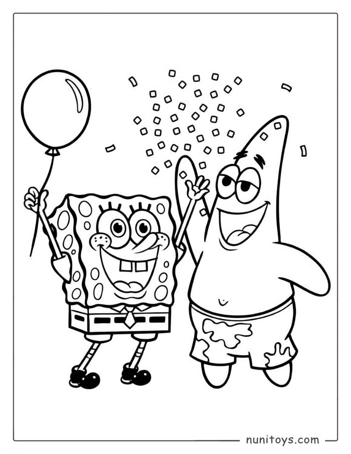 Página para colorear of Bob Esponja y Patricio celebrando con globos