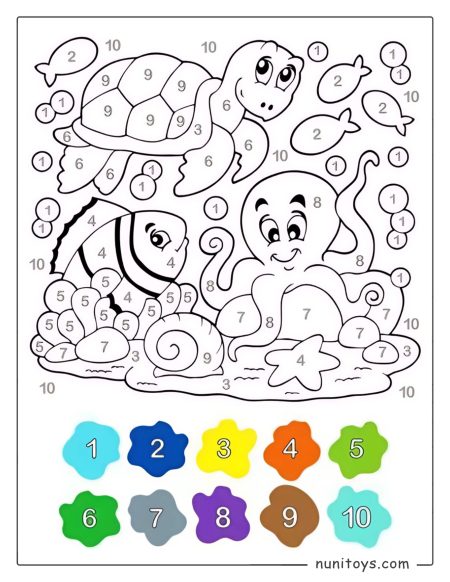 Página para colorear por números con tortuga, pez y pulpo